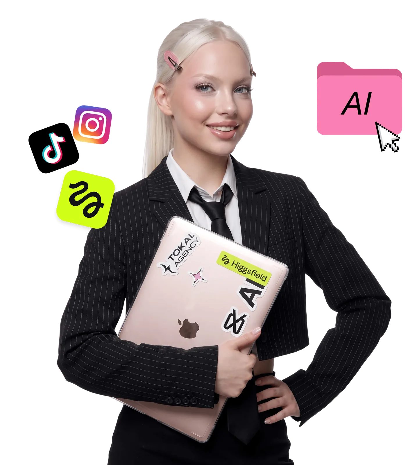 Elena holding a laptop, surrounded by TikTok, Instagram and CapCut icons